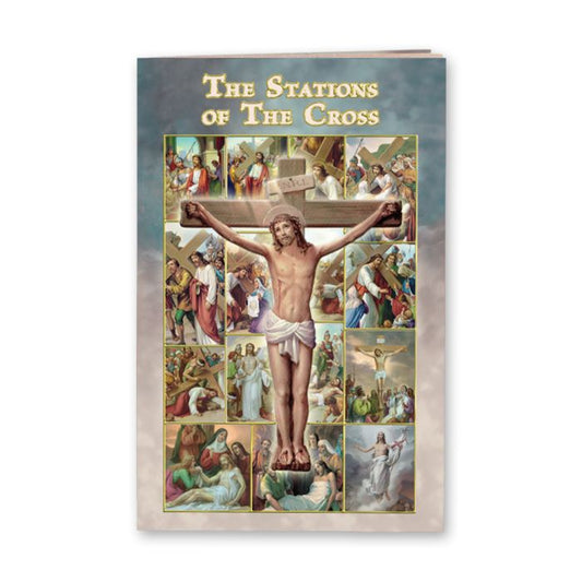 A cover image of a booklet titled 'The Stations of the Cross' featuring artistic representations of various scenes from the Stations of the Cross in Christianity.
