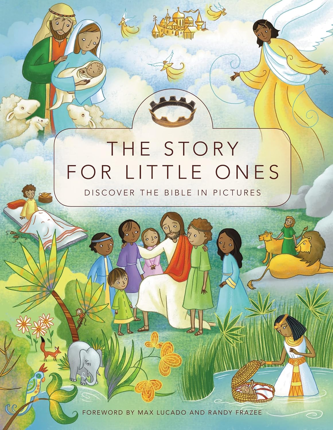 Illustrated book cover of 'The Story for Little Ones' with religious scenes and children.