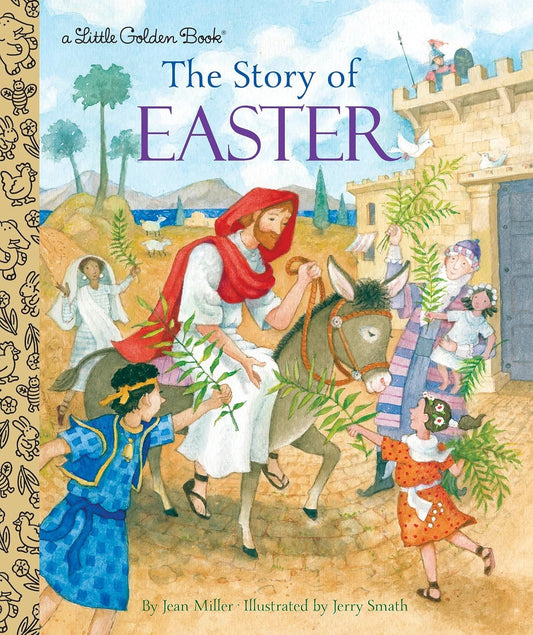 Book cover of 'The Story of Easter' with illustrations of a man on a donkey and people with palm branches.