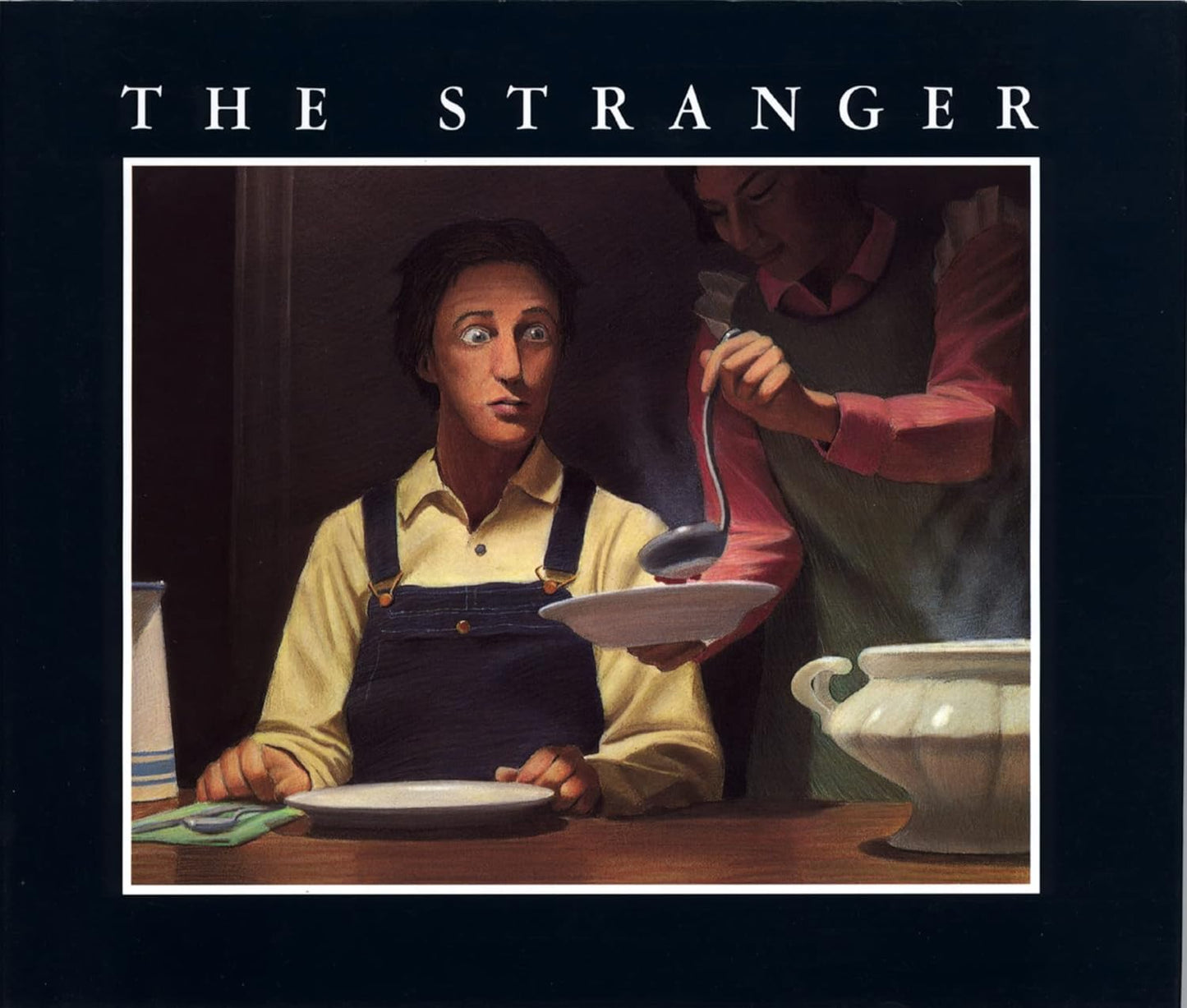 Artistic depiction of a person in an apron with another figure holding a ladle, titled 'The Stranger'.