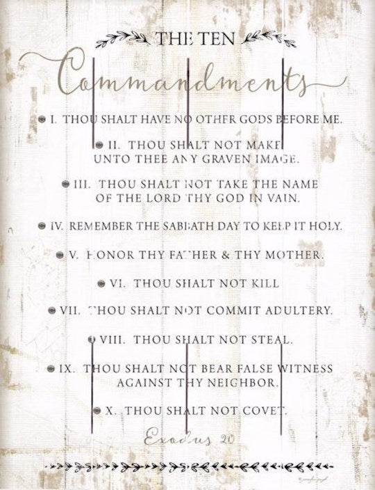 A wall plaque with a distressed wood slat background displaying the Ten Commandments in a list format.