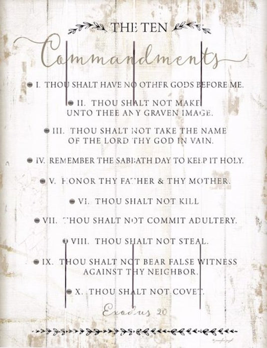 A wall plaque with a distressed wood slat background displaying the Ten Commandments in a list format.