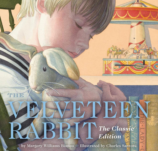 Book cover of 'The Velveteen Rabbit' with a child holding a plush rabbit toy.