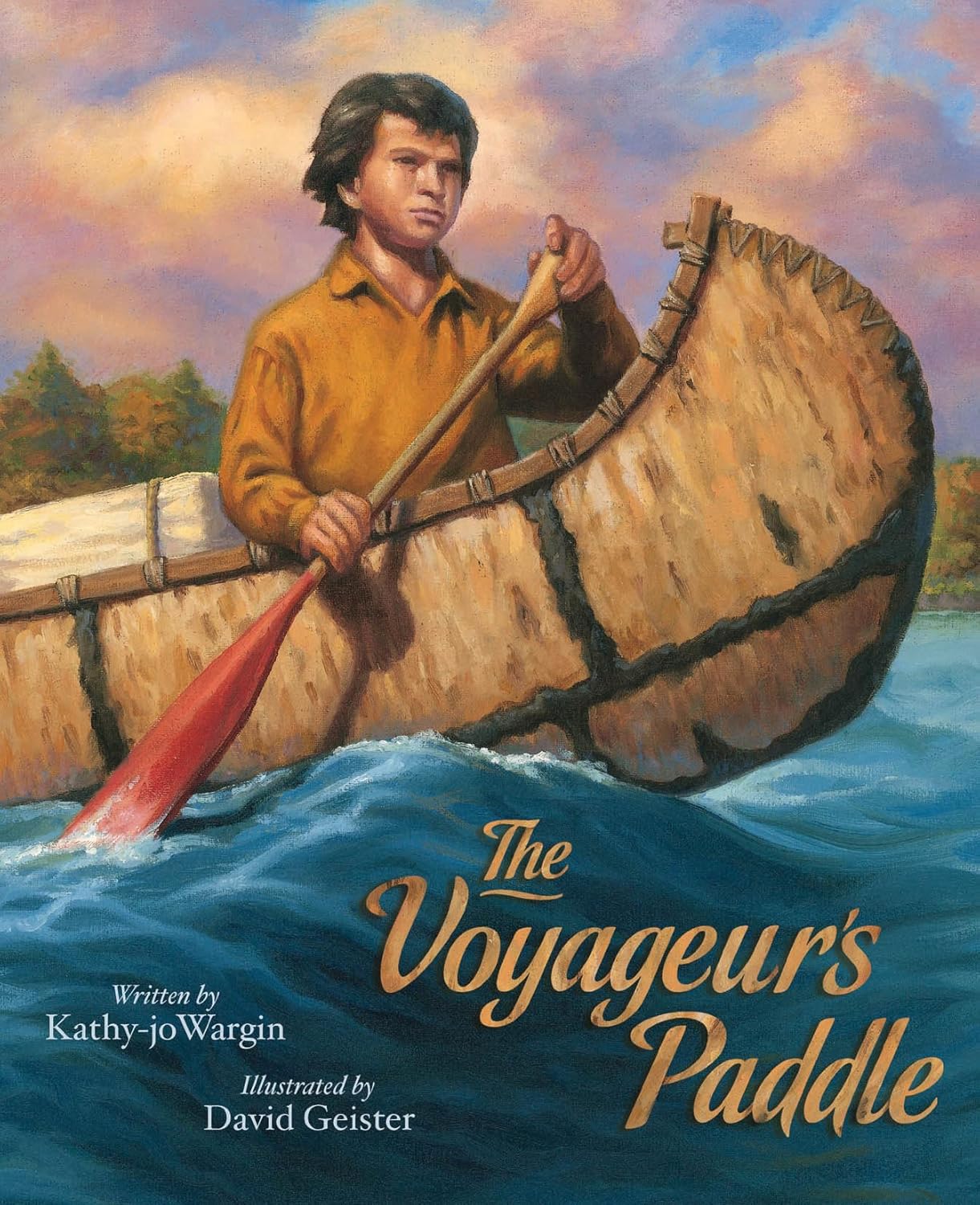 Book cover of 'The Voyageur's Paddle' with a boy in a canoe on water.