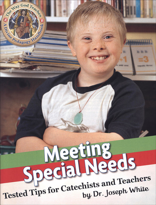Book cover with a child in a classroom setting, featuring text about meeting special needs.