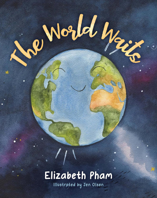 Book cover of 'The World Waits' with a stylized Earth illustration and text by Elizabeth Pham.