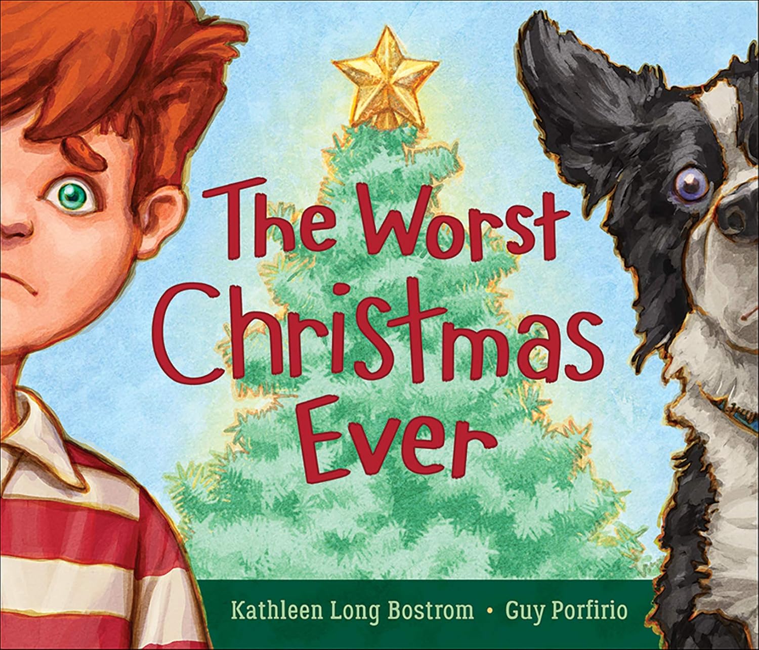 Book cover of 'The Worst Christmas Ever' with a boy and dog looking at a Christmas tree.