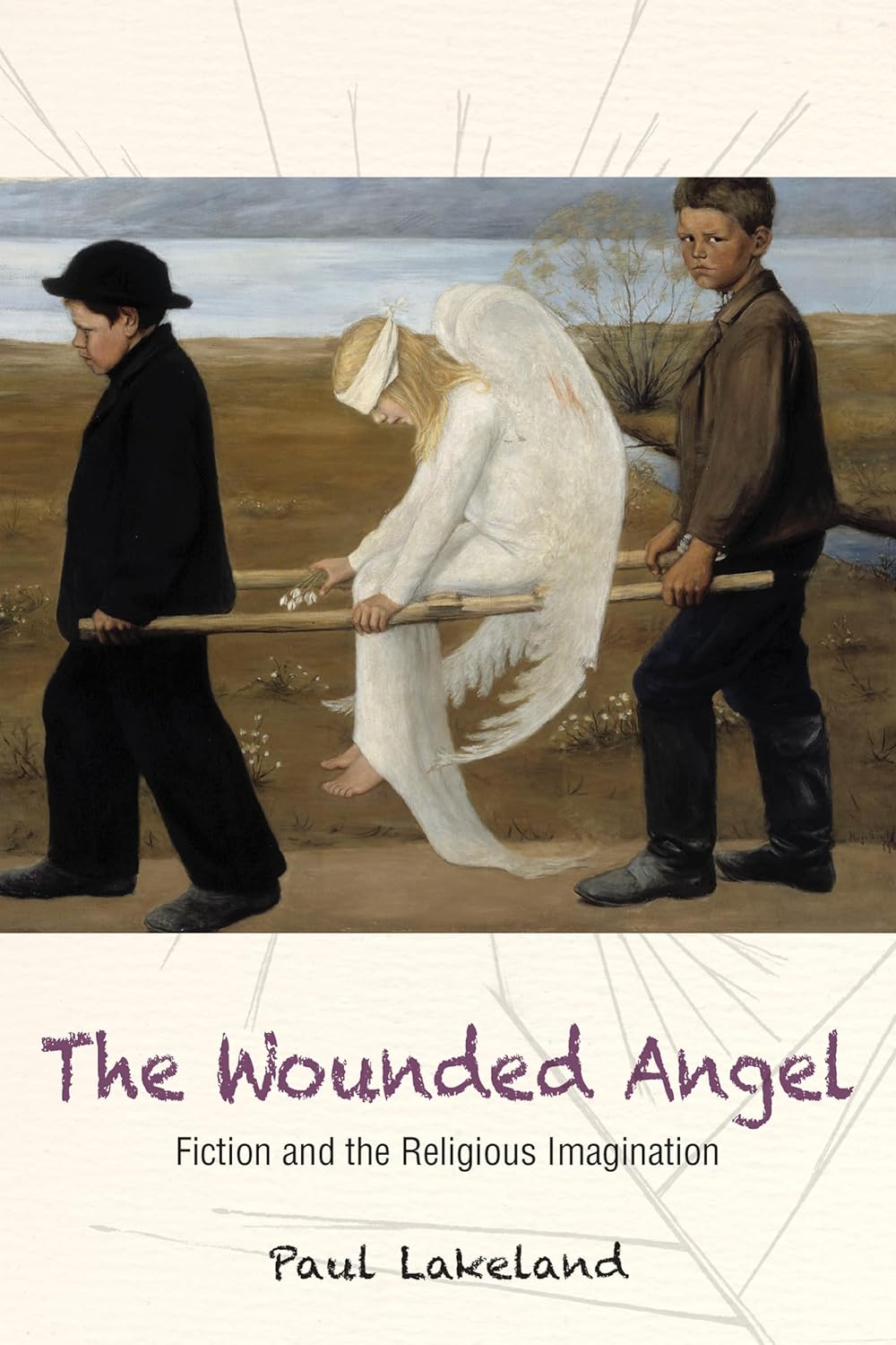 Book cover of 'The Wounded Angel' with a painting of three figures carrying an angel.