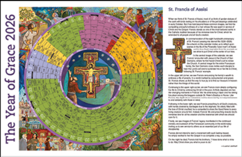 Circular design with religious symbols and text on a white background