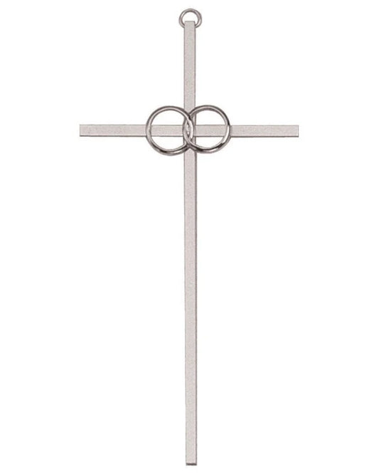 Silver cross pendant with interlocking rings on a white background