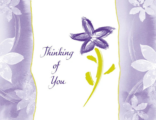 Floral card with a purple flower and 'Thinking of You' text on a light purple background.