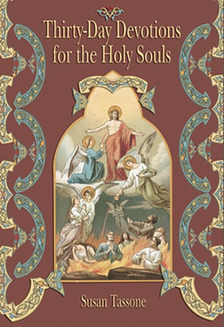 Book cover of 'Thirty-Day Devotions for the Holy Souls' with religious artwork and decorative elements.