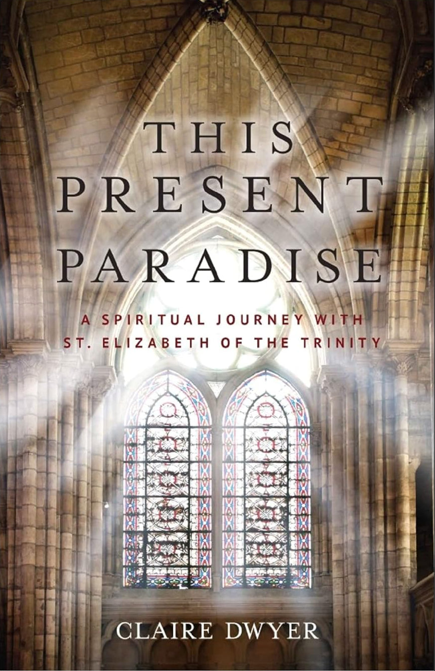 Book cover of 'This Present Paradise' with cathedral architecture and stained glass window.