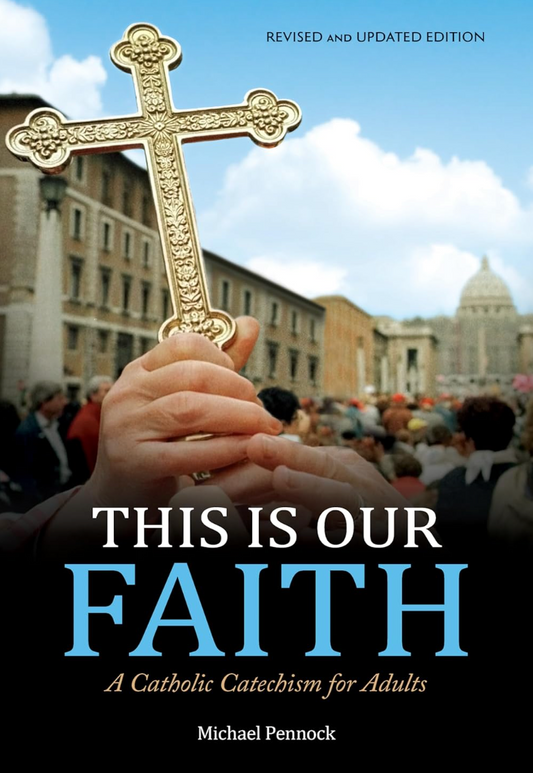 Book cover of 'This is Our Faith' with a cross held in hands and a cityscape in the background.