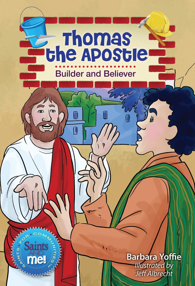 Book cover of 'Thomas the Apostle: Builder and Believer' with illustrations of two people and a brick wall.