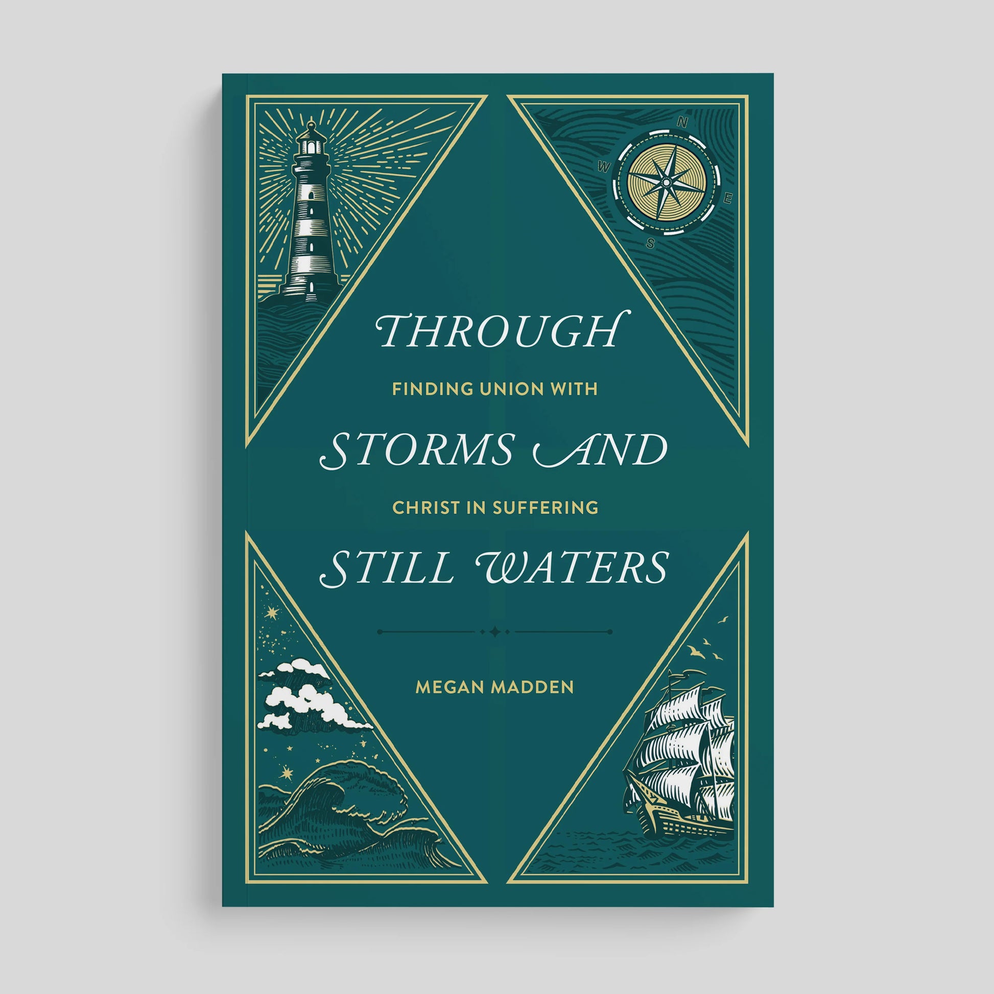 Book cover with lighthouse, ship, and text on a teal background