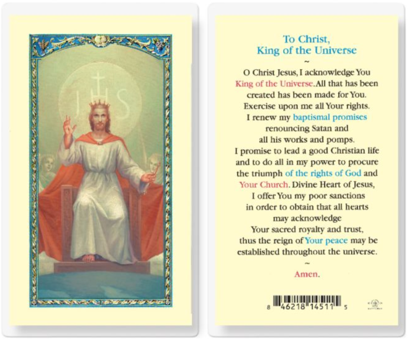 Prayer card with an illustration of a king-like figure on one side and text on the other, featuring a yellow background.