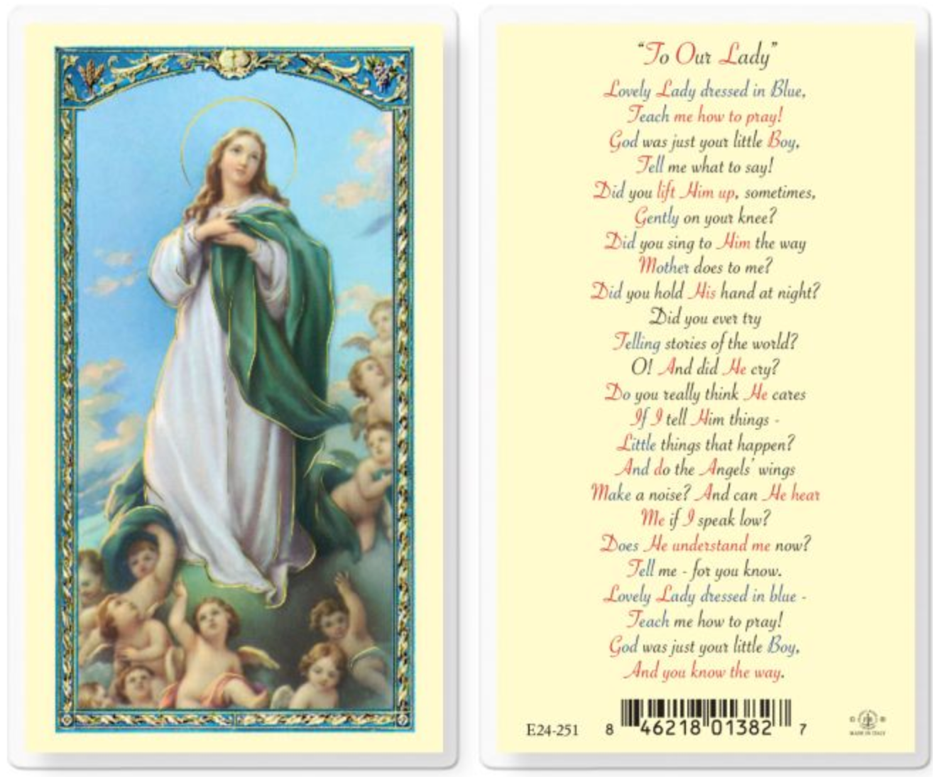 Prayer card with an illustration of a religious figure and text on a yellow background