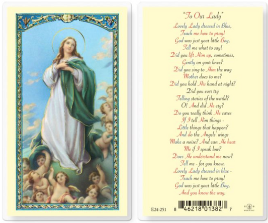 Prayer card with an illustration of a religious figure and text on a yellow background