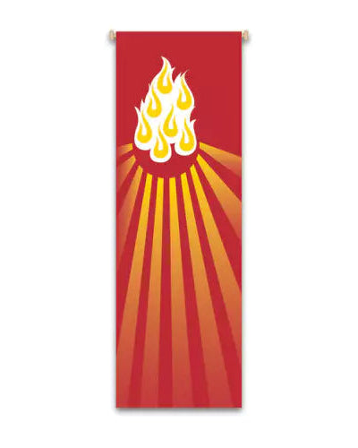 Red banner with yellow flames design on a white background