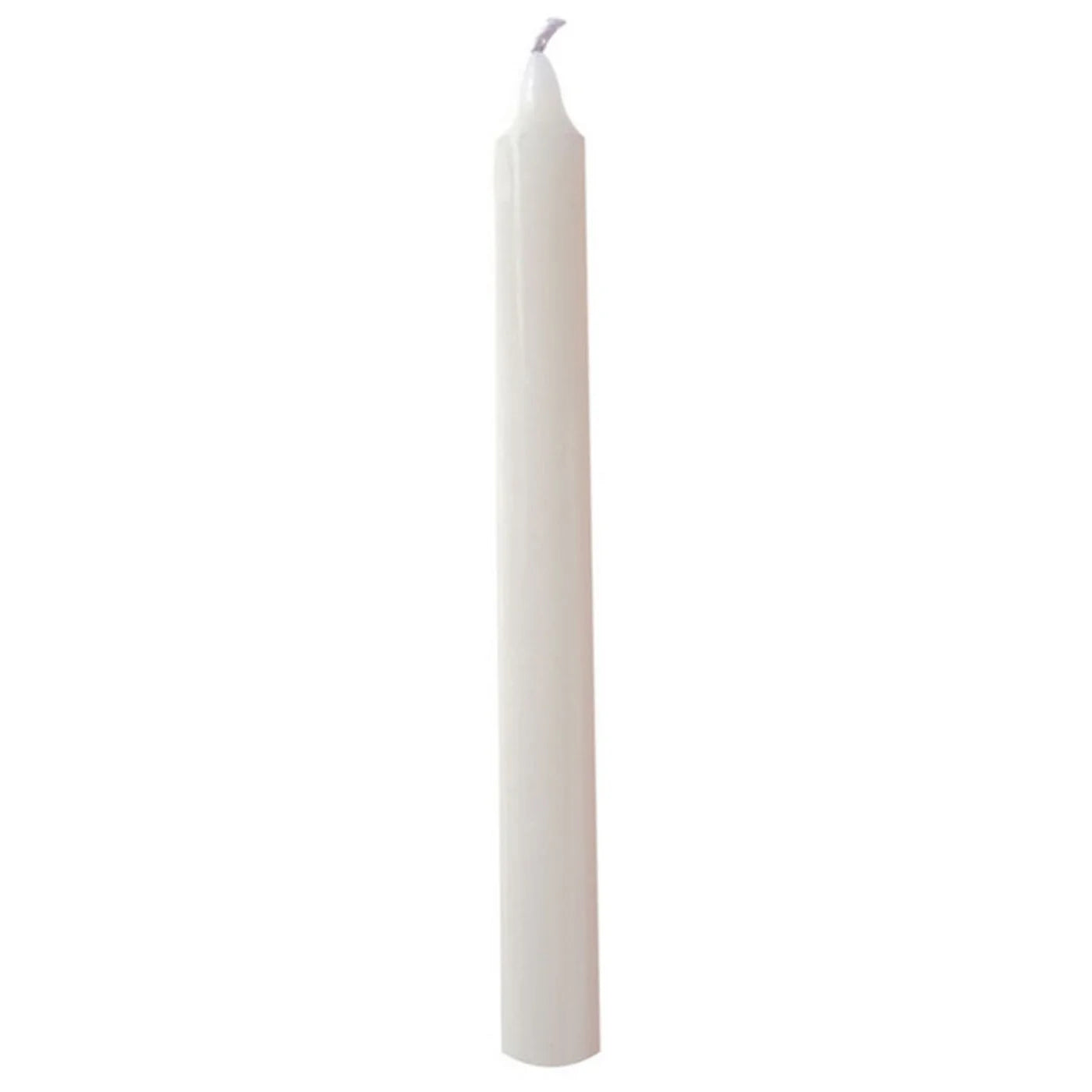 A single white taper candle standing upright against a plain white background.