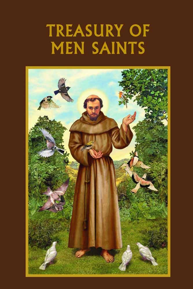 Book cover of 'Treasury of Men Saints' with a religious illustration of a man in a brown robe surrounded by birds.