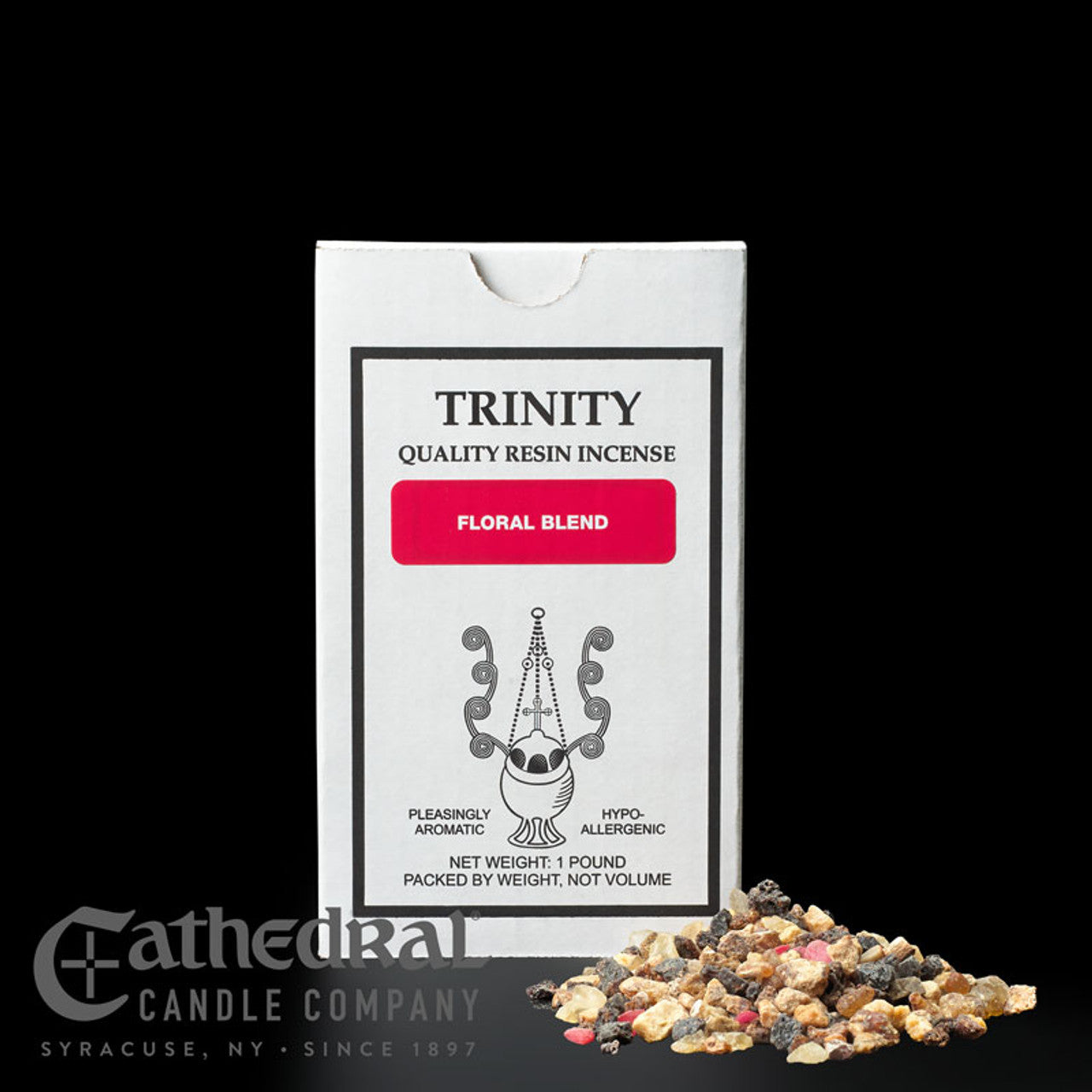 Trinity Quality Resin Incense packaging with incense on a black background