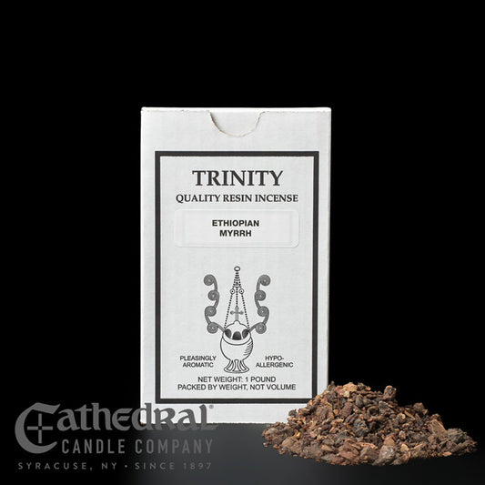 Trinity quality resin incense packaging with incense on a black background