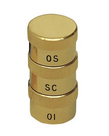 Gold cylindrical object with 'OS' and 'SC' markings on a white background