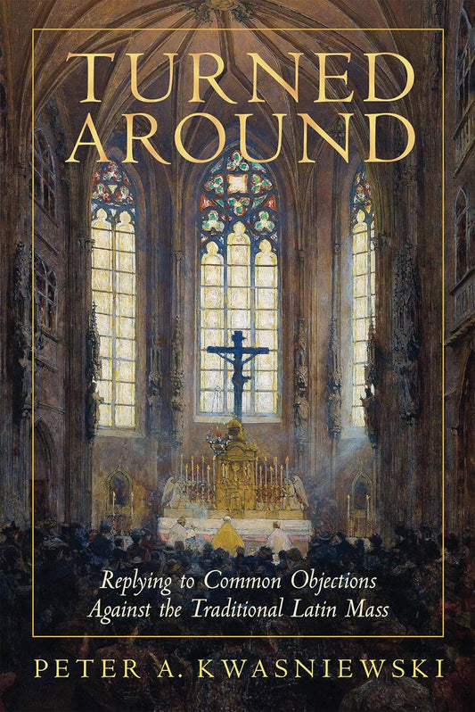 Book cover of 'Turned Around' with cathedral interior and stained glass window.