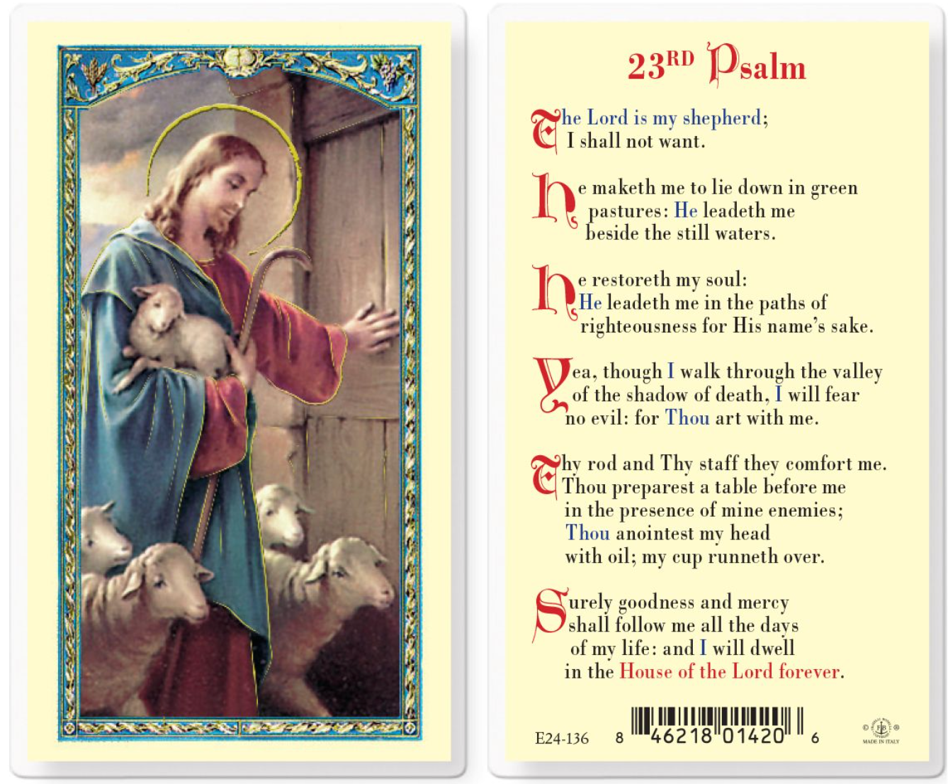 Religious card with illustration of Jesus holding a lamb and text of the 23rd Psalm.