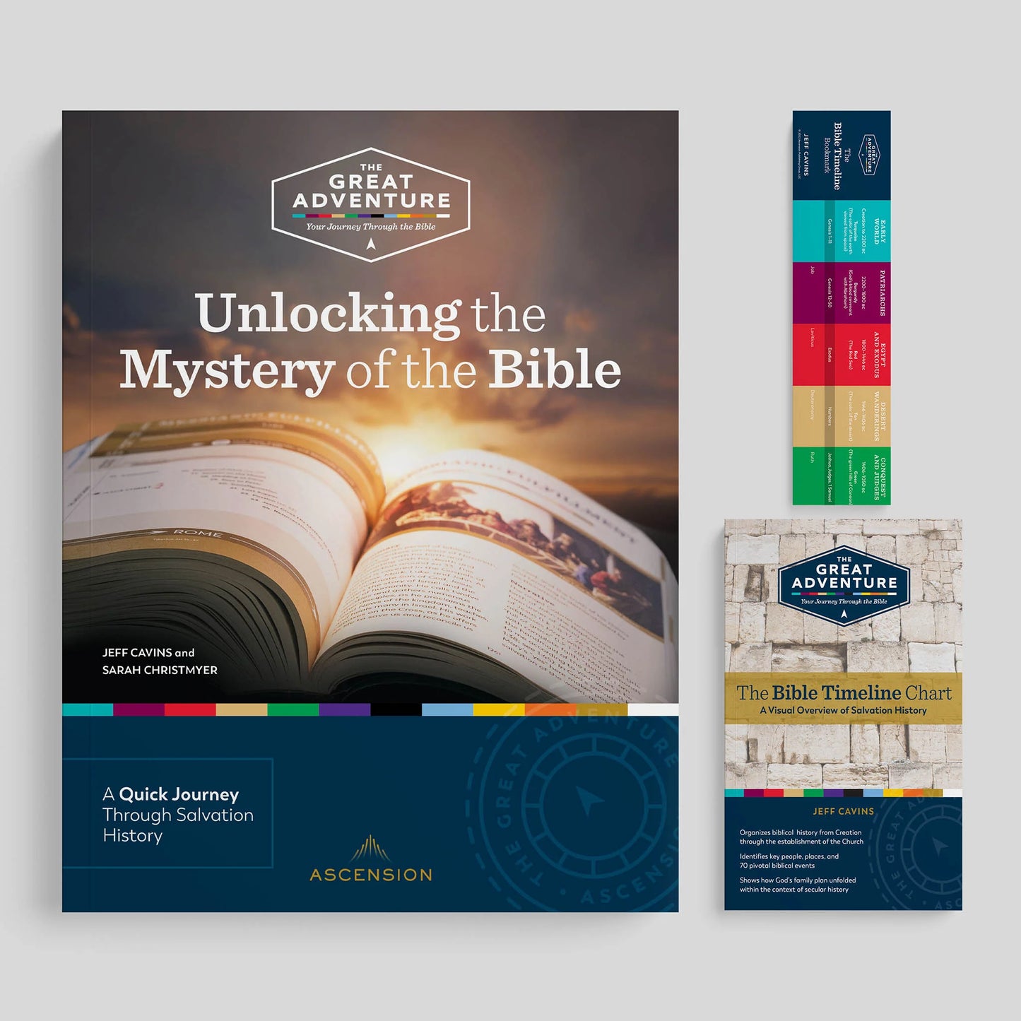 Book titled 'Unlocking the Mystery of the Bible' with related materials on a gray background