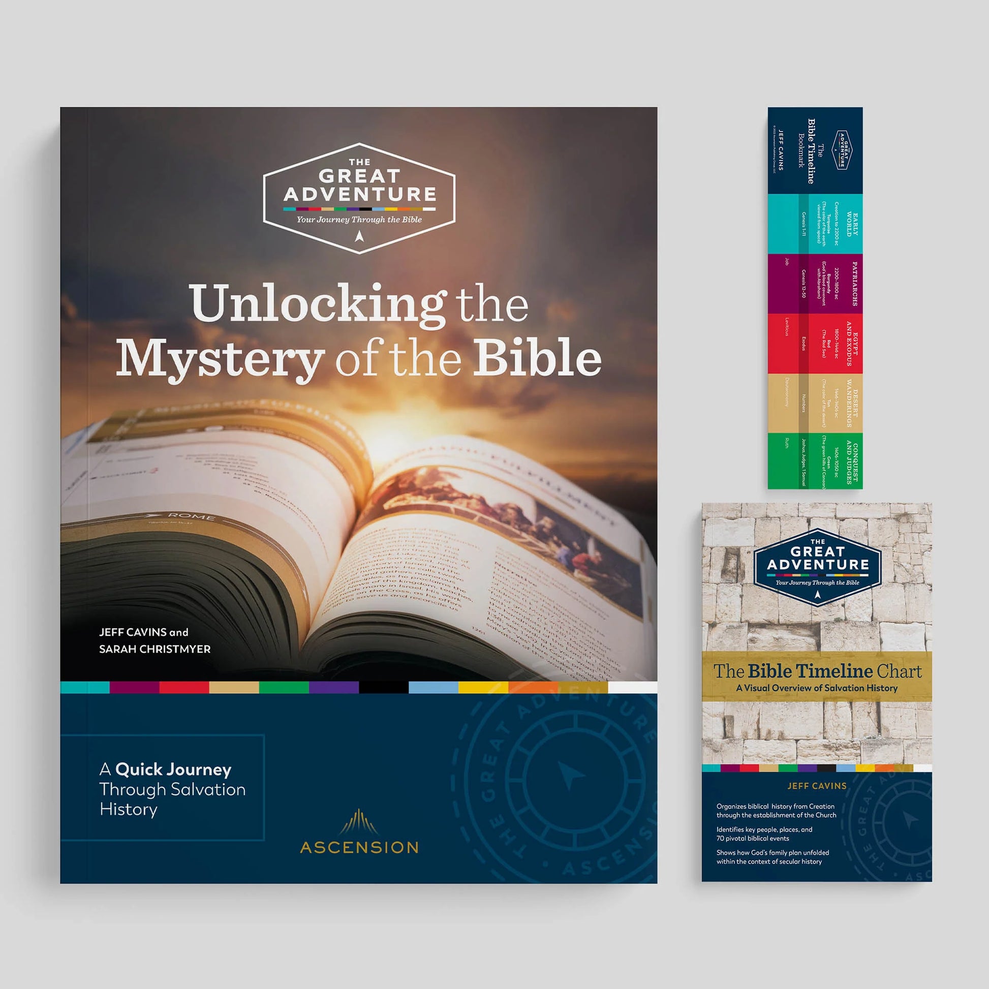 Book titled 'Unlocking the Mystery of the Bible' with related materials on a gray background