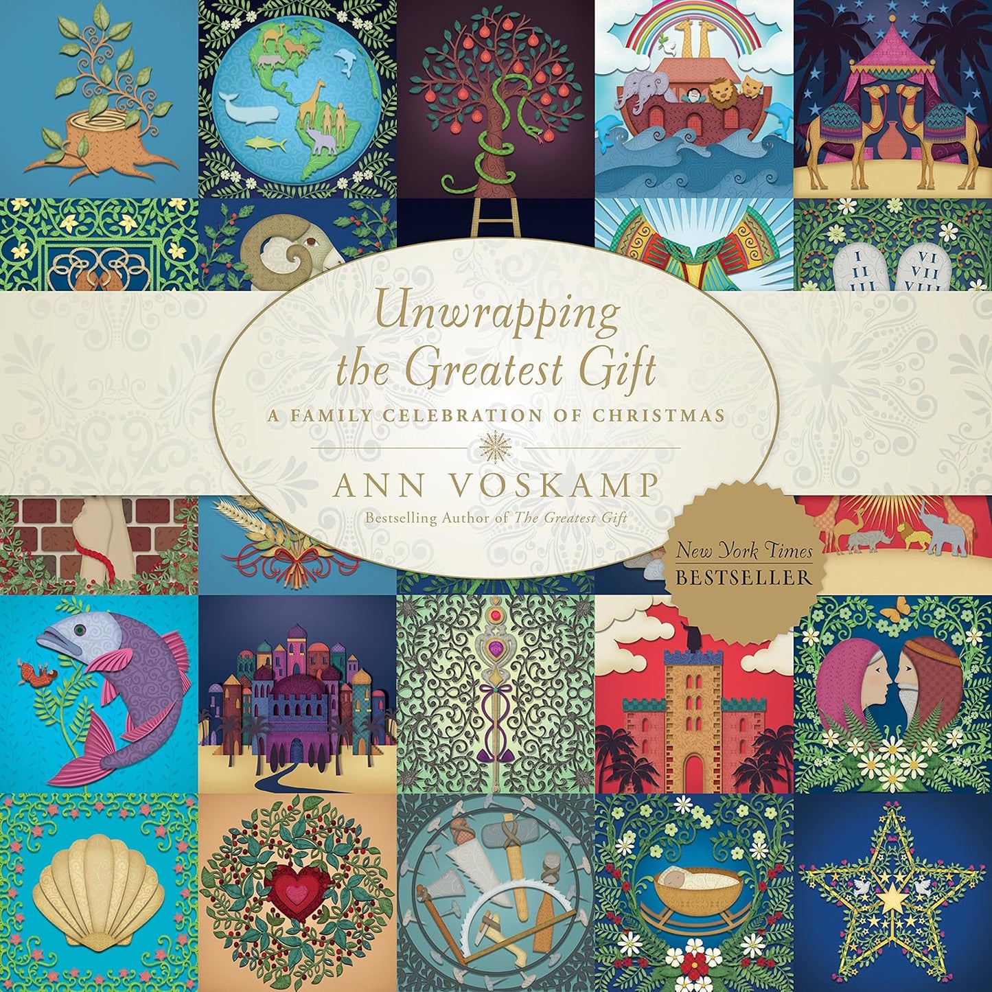 Collage of illustrations with text 'Unwrapping the Greatest Gift' by Ann Voskamp on a white background.