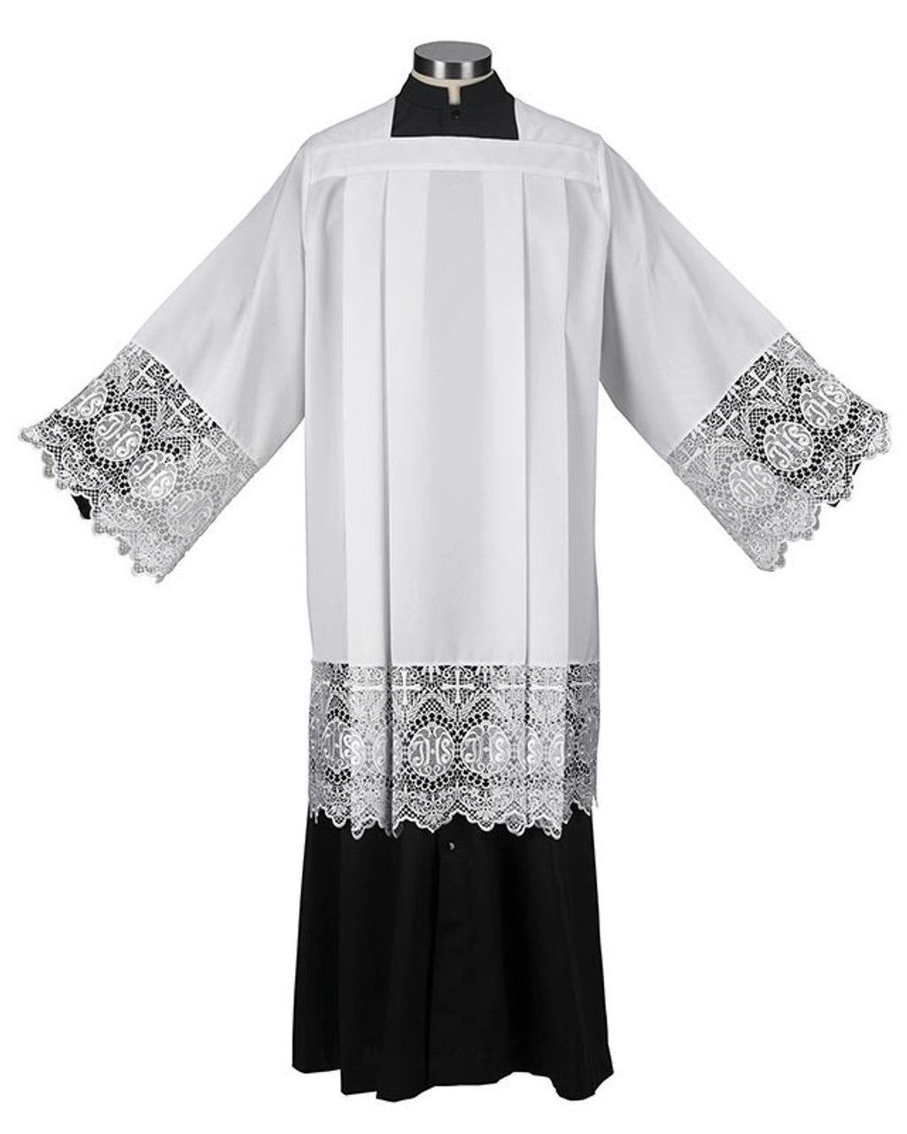 White robe with black lace details on a mannequin against a white background