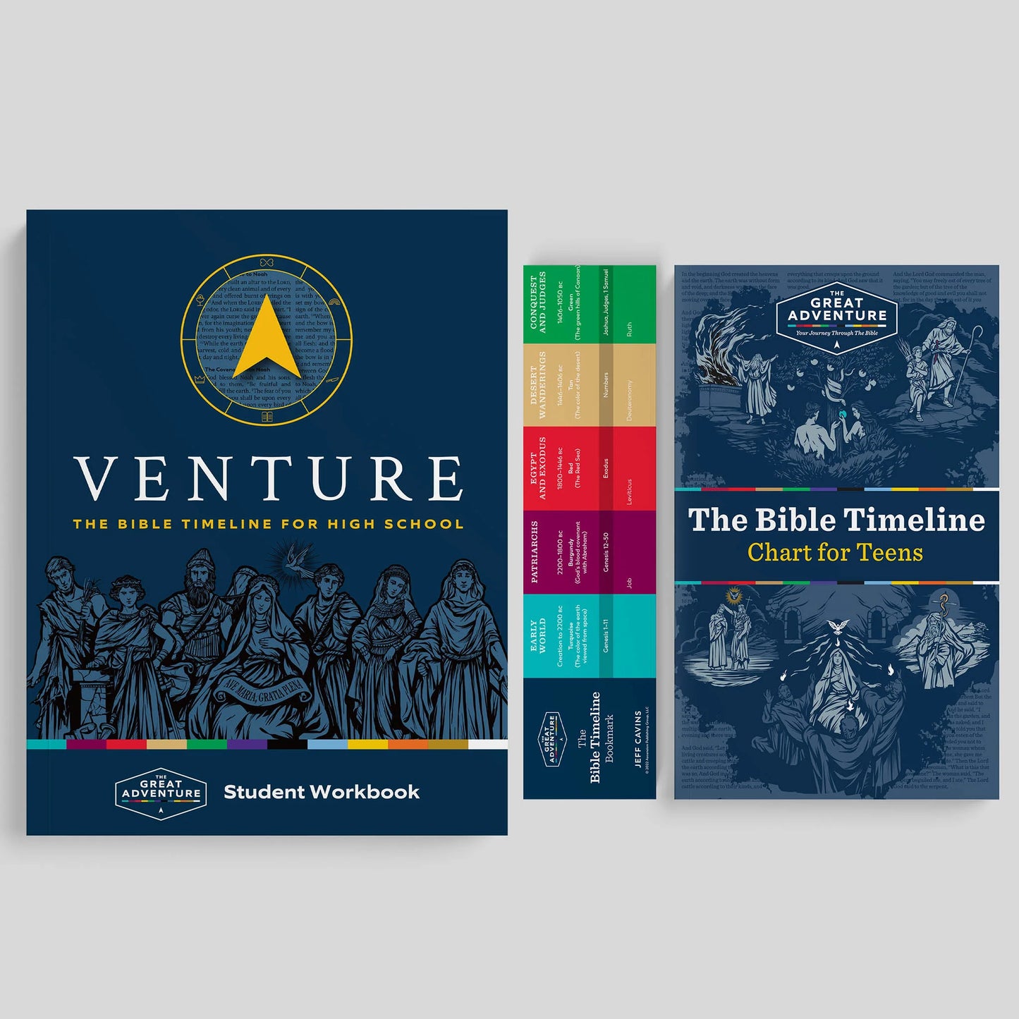 Venture Student Workbook and Bible Timeline Chart for Teens on a gray background