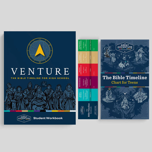 Venture Student Workbook and Bible Timeline Chart for Teens on a gray background