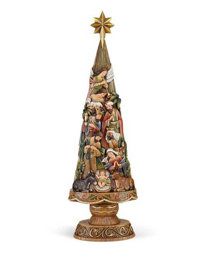 Decorative Christmas tree figurine with nativity scene on a white background