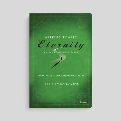 Green book titled 'Walking Toward Eternity' by Jeff & Emily Cavins on a light gray background