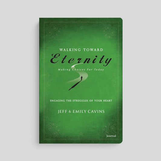 Green book titled 'Walking Toward Eternity' by Jeff & Emily Cavins on a light gray background