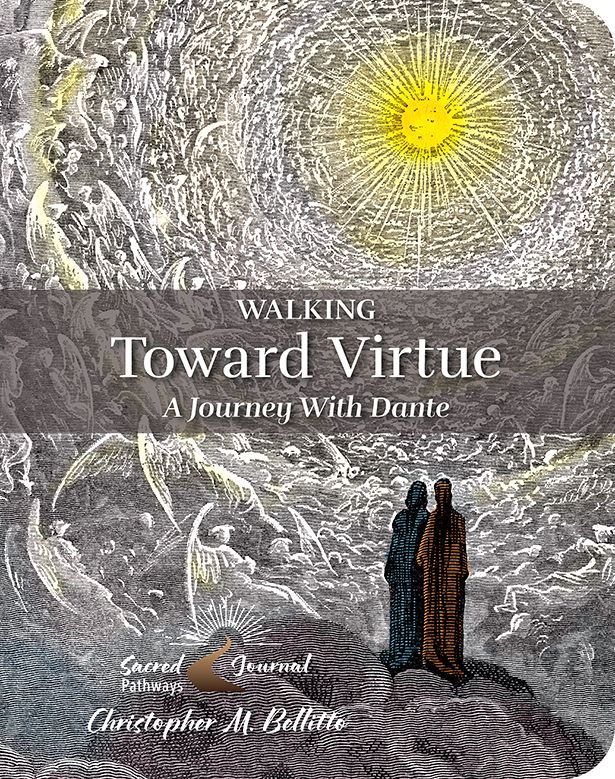 Book cover of 'Walking Toward Virtue: A Journey with Dante' featuring two figures and celestial design.