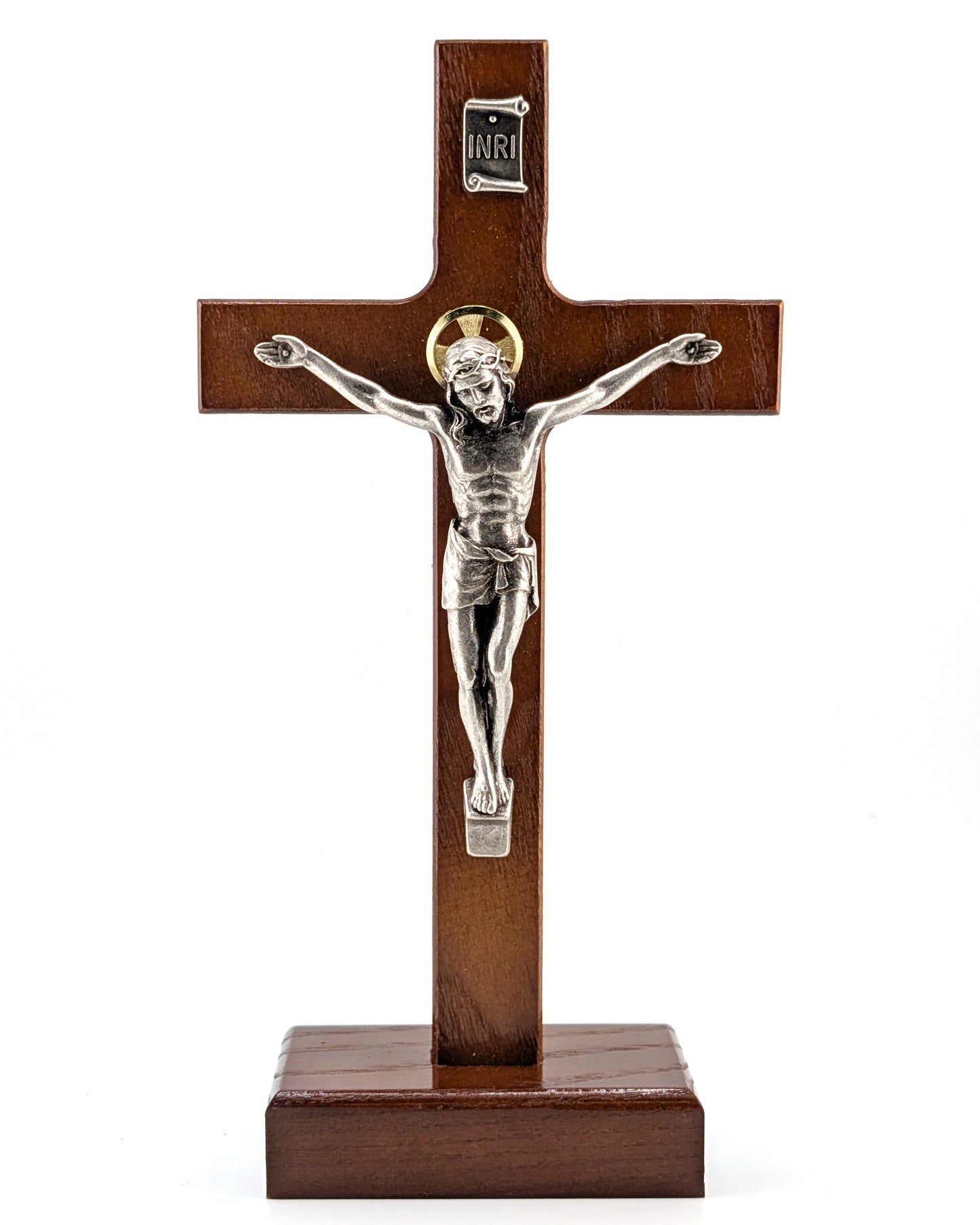 Walnut Wood with Silver Corpus Standing Crucifix 8"