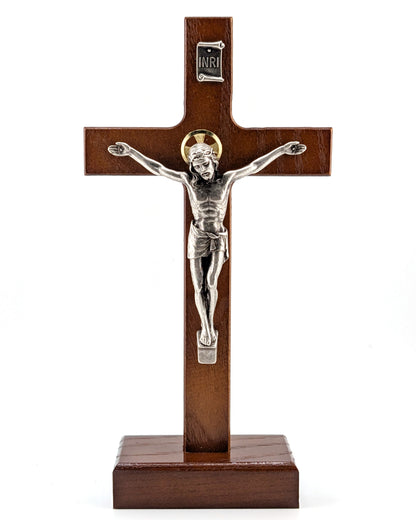 Walnut Wood with Silver Corpus Standing Crucifix 8"