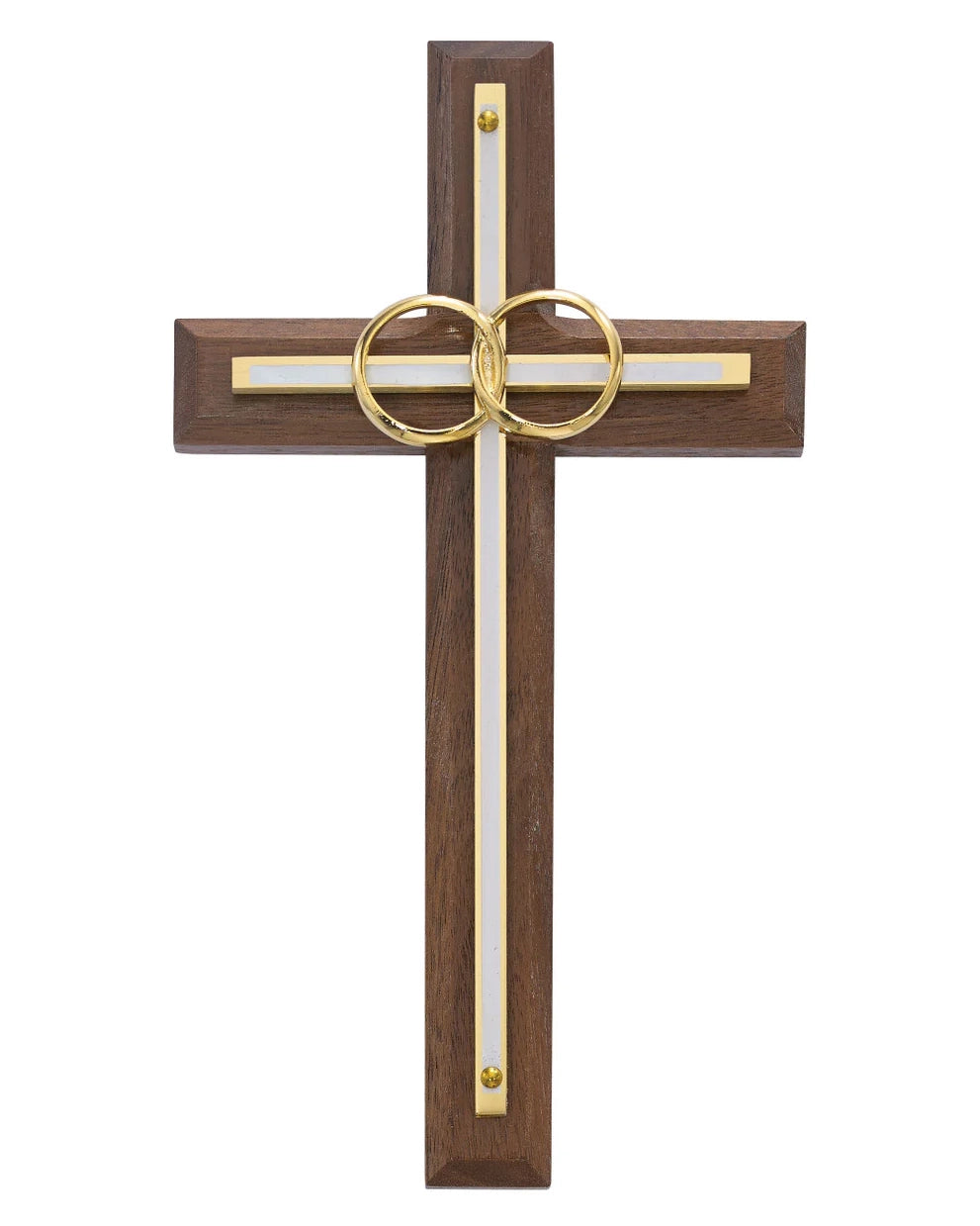 Wooden cross with gold accents on a white background