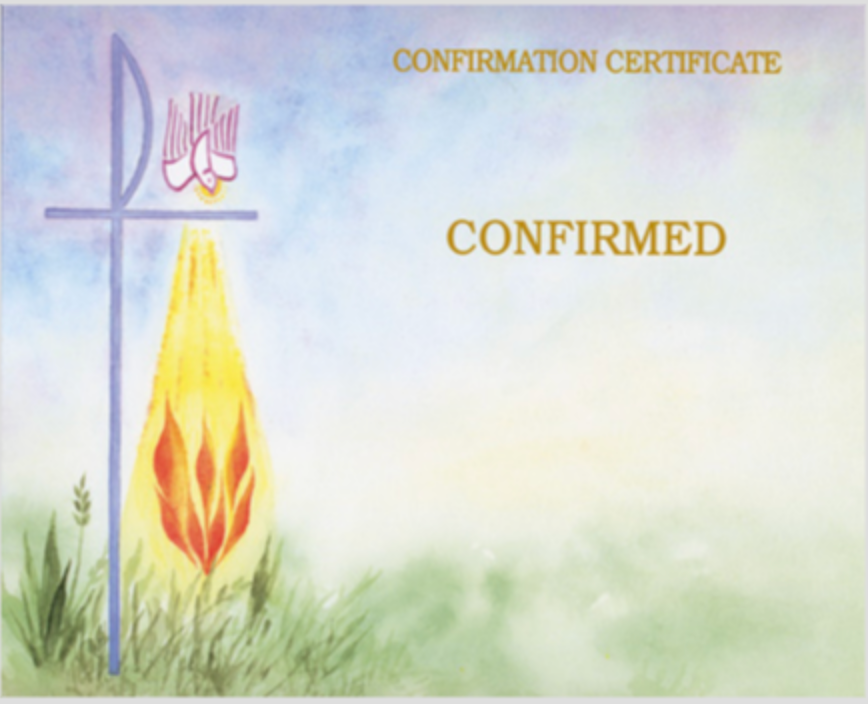 Confirmation certificate with cross and flame design on a light blue background