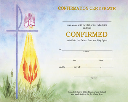 Confirmation certificate with cross and flame design on a grassy background