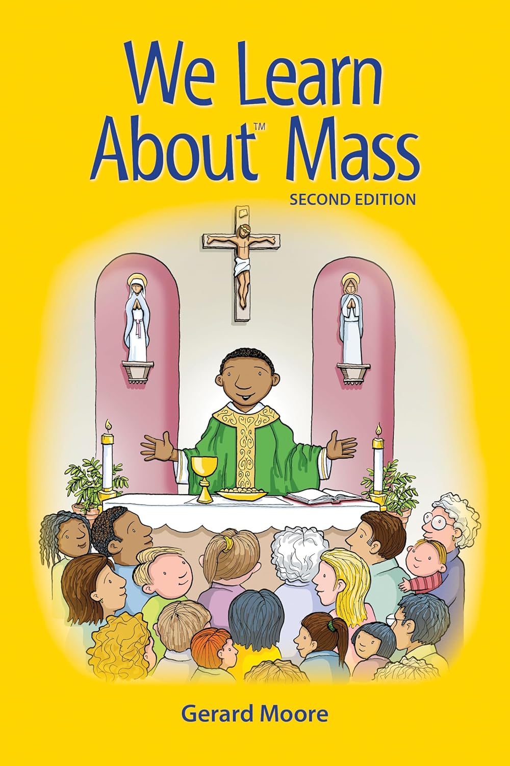 Book cover of 'We Learn About Mass' with a yellow background and illustration of a priest and children in a church.