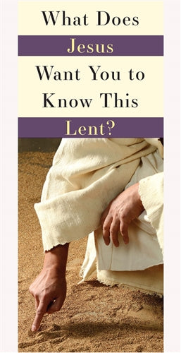 Book cover with a person in a white robe sitting on sand, text about Jesus and Lent.