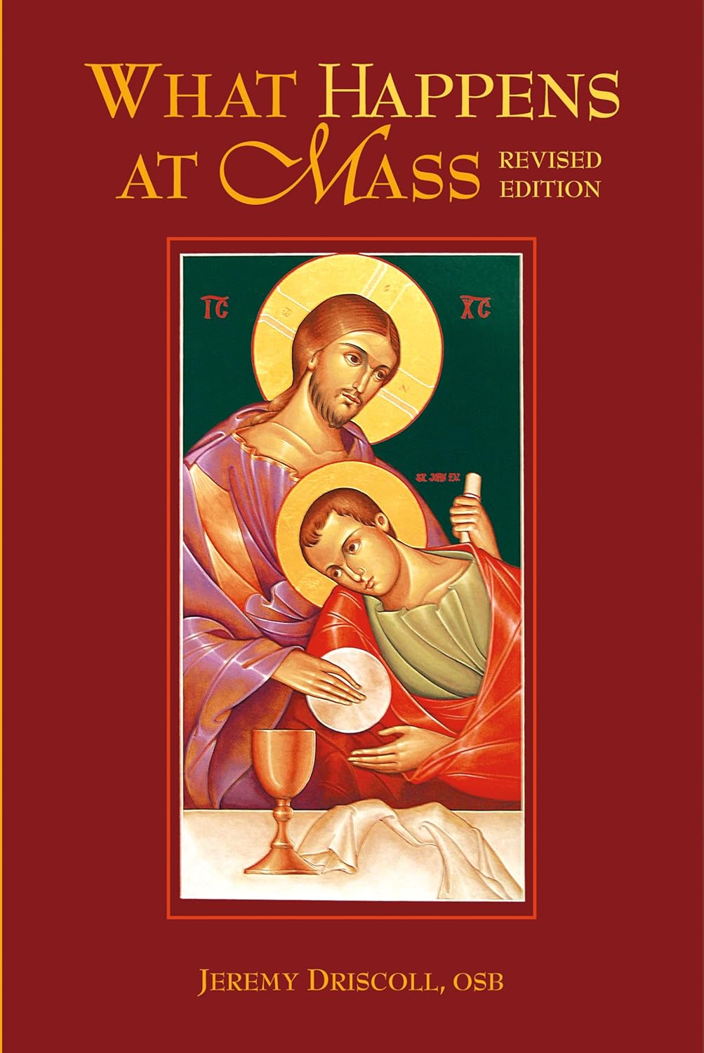 Book cover of 'What Happens at Mass' with religious illustration on a red background
