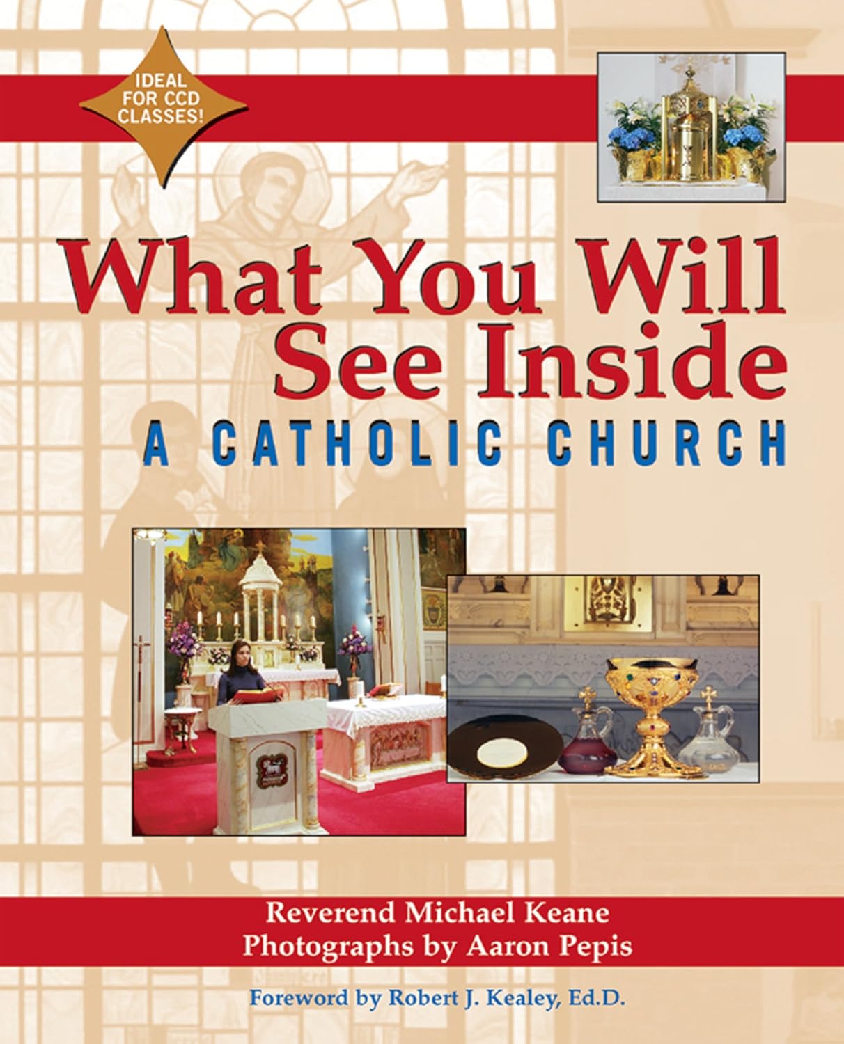 Book cover of 'What You Will See Inside a Catholic Church' with images of a church interior.